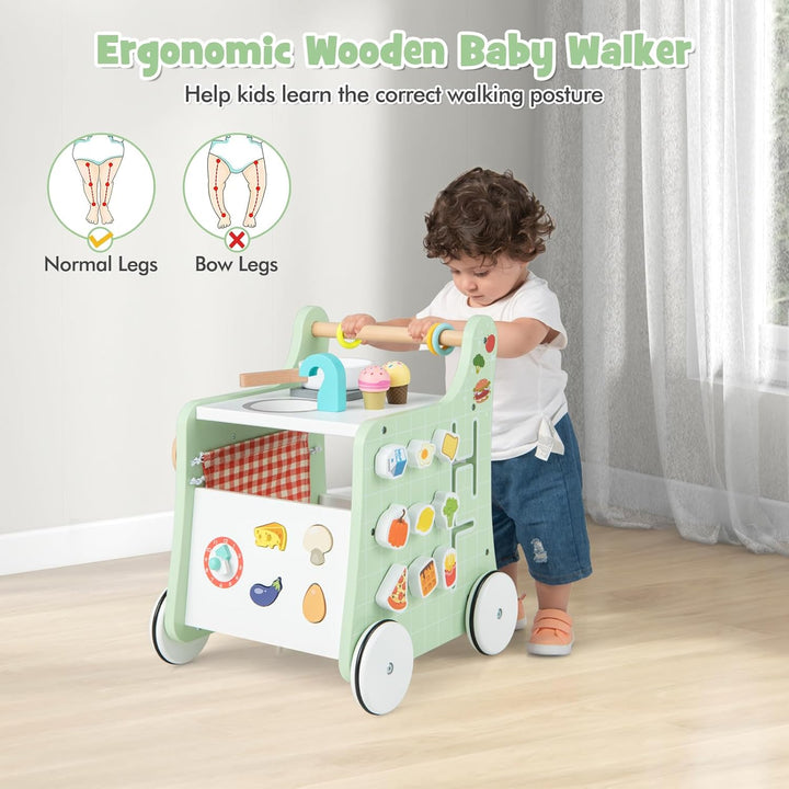 GOPLUS 6 in 1 Lauflernhilfe aus Holz, Lauflernwagen mit Spielküche, Formanpassung, beweglichem Schie