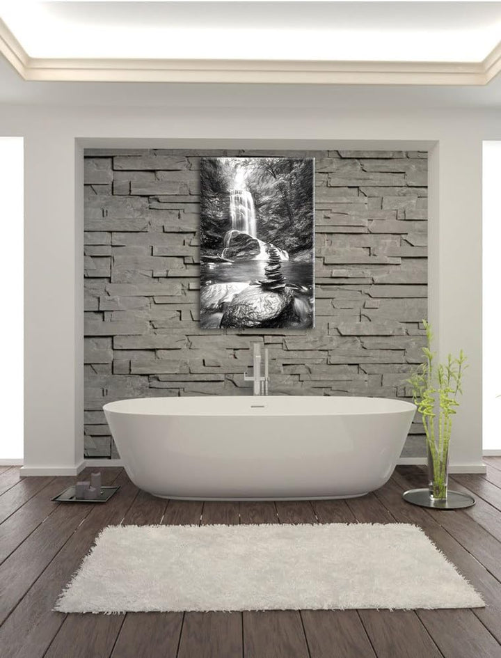Pixxprint Zen Steine vor Wasserfall Kunst Kohle Effekt, Format: 100x70 auf Leinwand, XXL riesige Bil