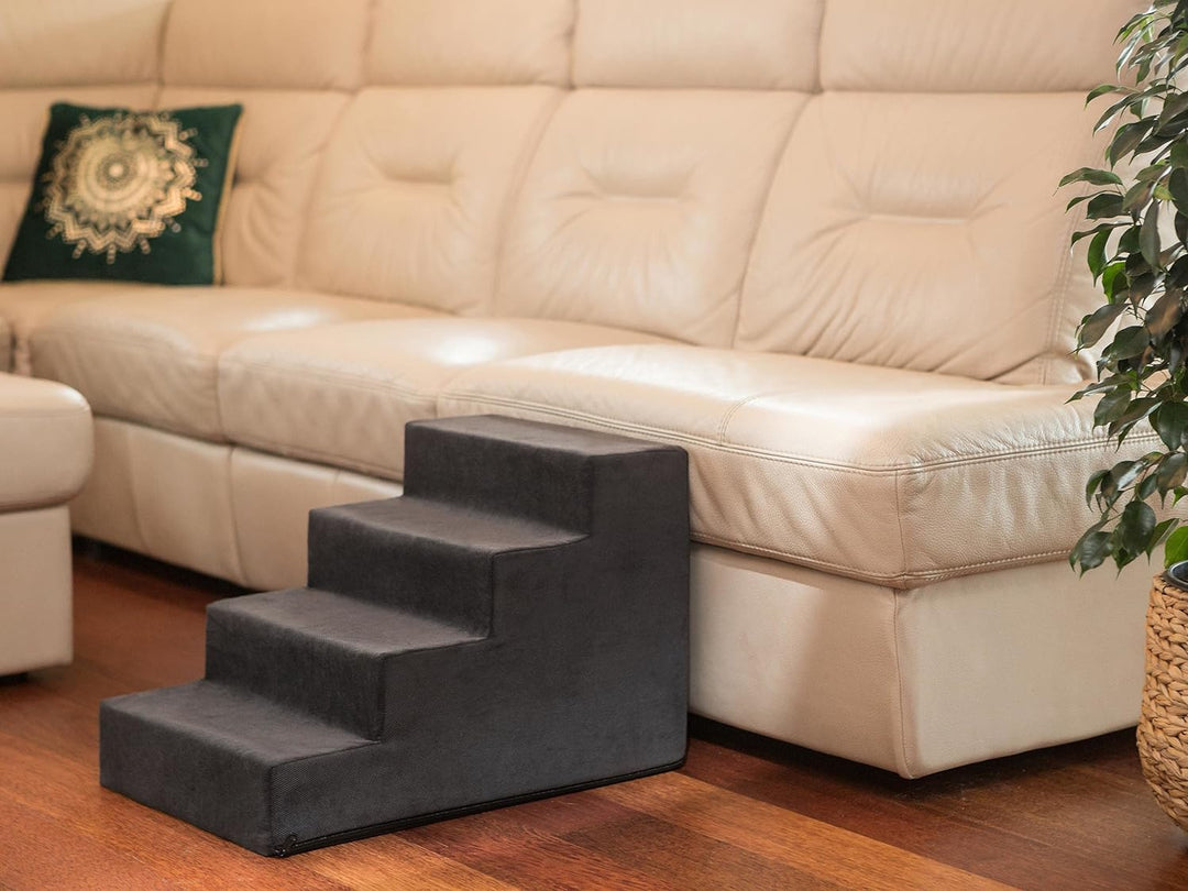 PillowPrim Tiertreppen Einganghilfe Kleinere Hunde Stufen Rampe Katzentreppe 4 Stufen Gross Schwarz