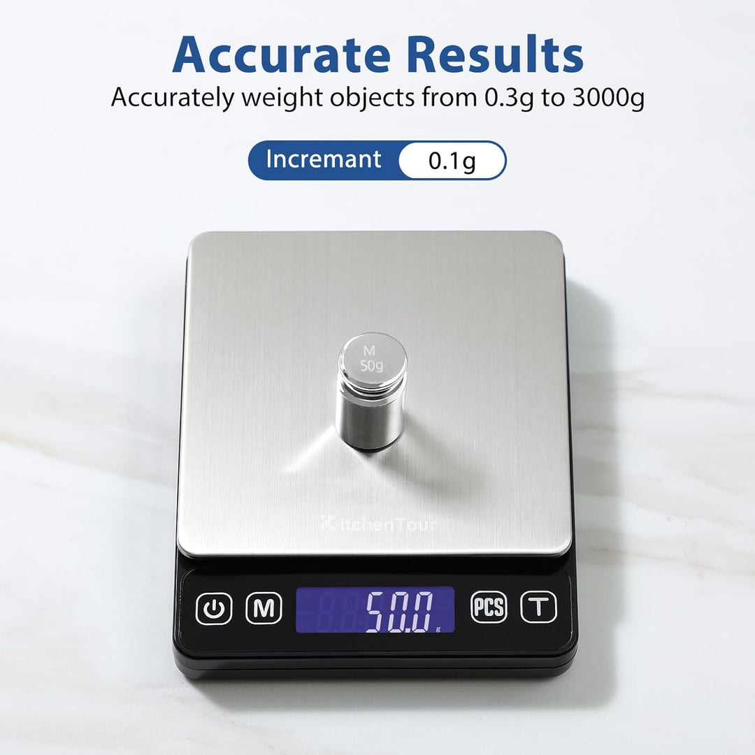 KitchenTour Digitale Küchenwaage – 3000g/0,1g Präzisionswaage mit 9 Einheiten (g/oz/ml/lb/lb:oz/gn/