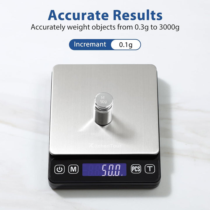 KitchenTour Digitale Küchenwaage – 3000g/0,1g Präzisionswaage mit 9 Einheiten (g/oz/ml/lb/lb:oz/gn/