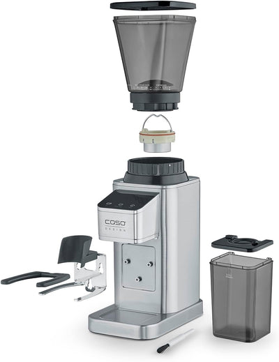 CASO BaristaChef Inox - elektrische Kaffeemühle, langlebiges Edelstahl-Kegelmahlwerk, mit Siebträger