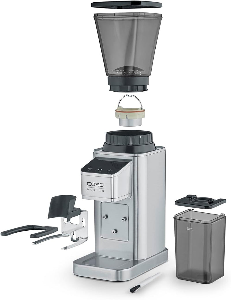 CASO BaristaChef Inox - elektrische Kaffeemühle, langlebiges Edelstahl-Kegelmahlwerk, mit Siebträger