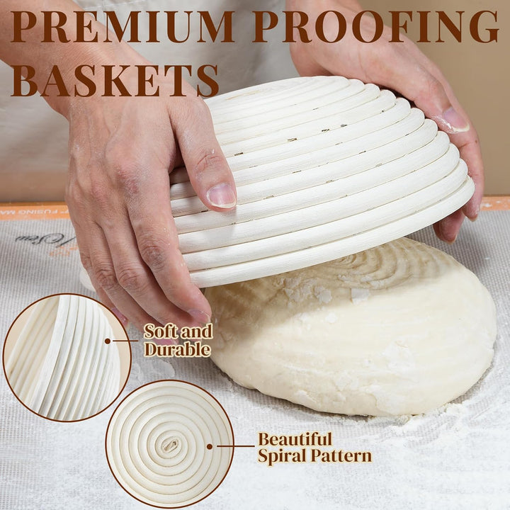 Gärkörbchen Set, Sopito Gärkörbchen für Brot 23cm Rund & 24,5cm Oval Gärkorb mit Leinentuch, Teigsch