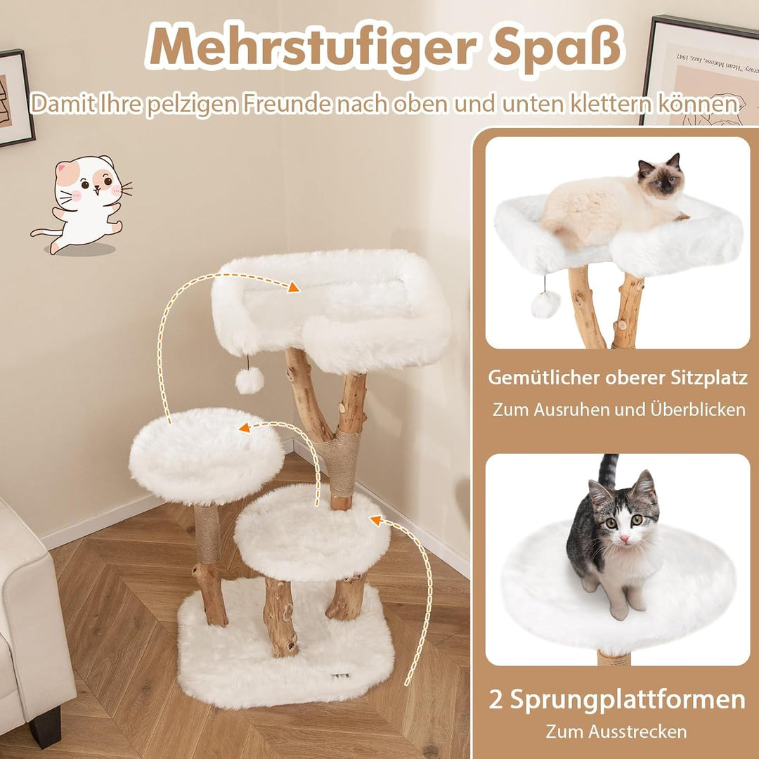 FANTASK Katzenturm Holz, Katzenmöbel mit Spielball & Plüschsitzfläche & 2 Plattformen, Katzenbaum mi