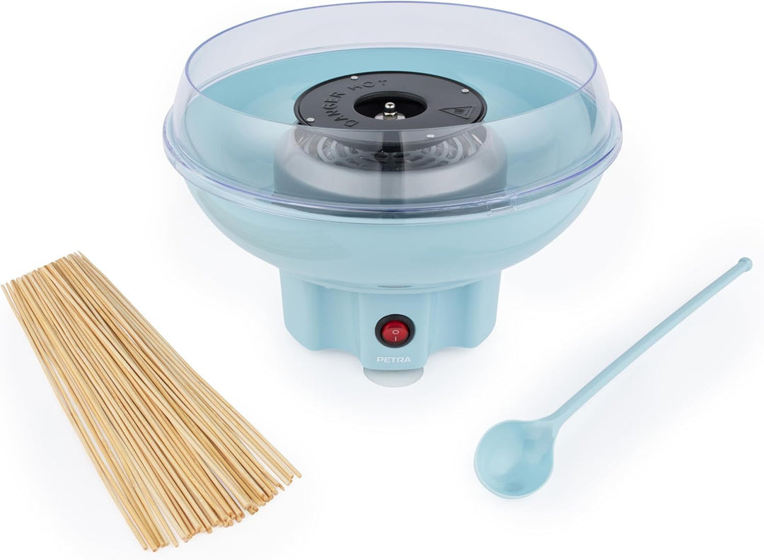 Petra PT2641BLVDEEU7 Zuckerwattemaschinen inkl. Messlöffel und 50 Holzstäbchen, tragbare Retro Zucke