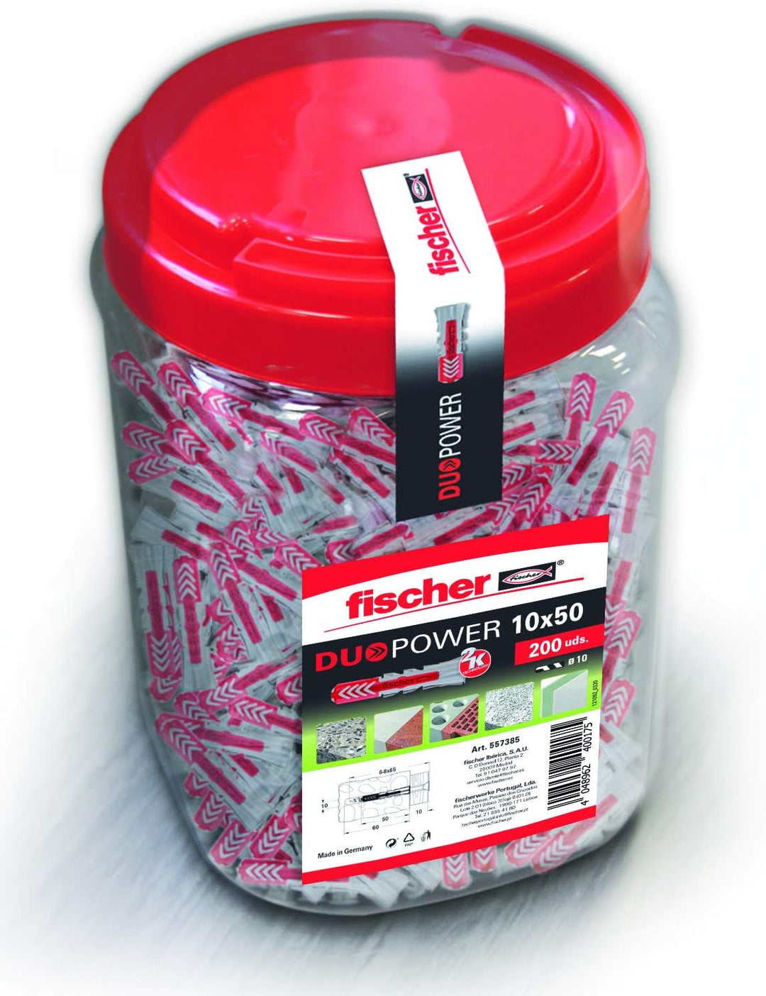 fischer 557385 Wanddübel 10x50 Beton, Dose Eimer mit 10 x 50 Duopower (200 Stück), Grau/Rot, 10x50/2