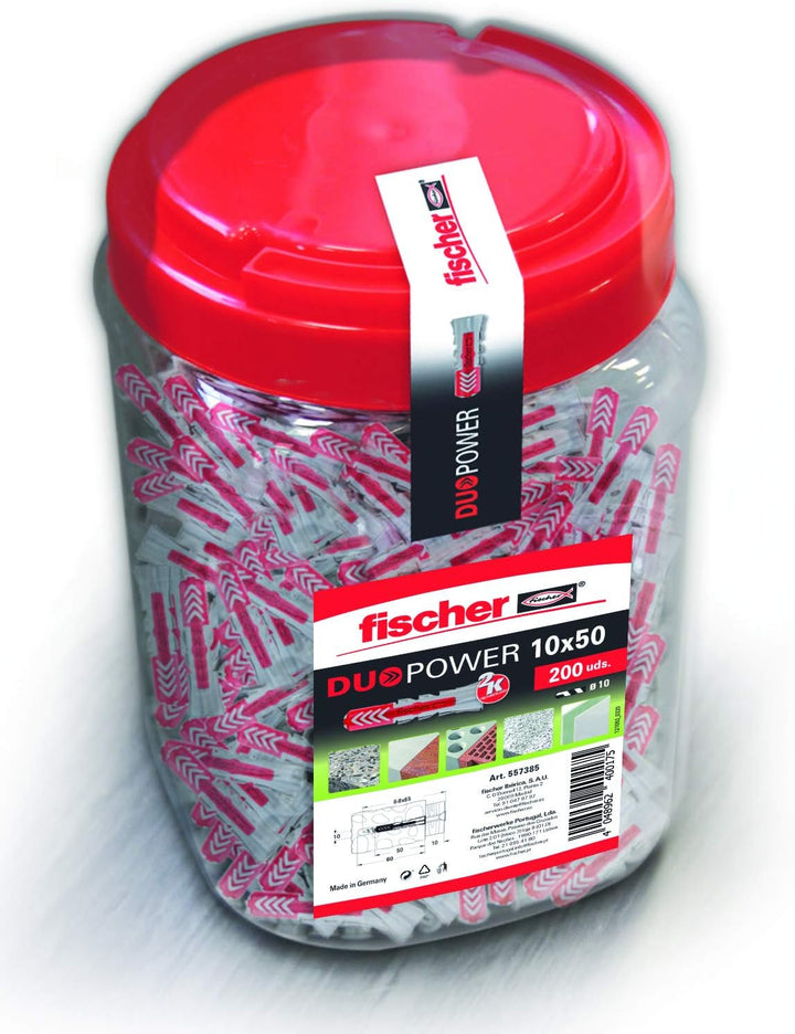 fischer 557385 Wanddübel 10x50 Beton, Dose Eimer mit 10 x 50 Duopower (200 Stück), Grau/Rot, 10x50/2