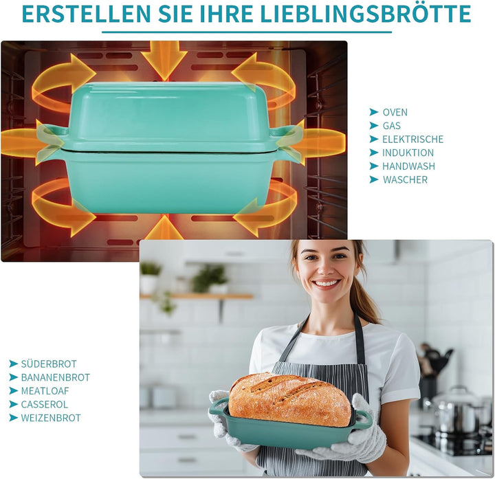 Gusseisen Brotbackform mit Deckel 22,96 cm × 12,78 cm, Bread Pans for Homemade Bread, Heavy Duty Loa