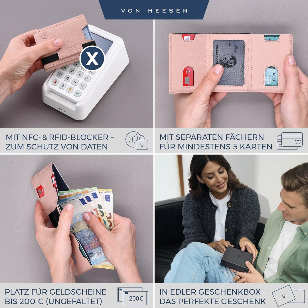 VON HEESEN Slim Wallet mit Münzfach &amp; RFID-Schutz - Leder Geldbeutel - Mini Geldbörse für Herren und