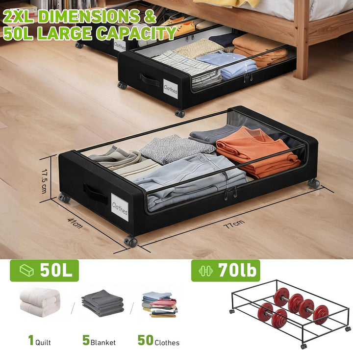 SPEEDEVE 2 Stück Unterbett Aufbewahrungsbox 50L Unterbettkommode mit Rollen Bettkasten Organizer mit