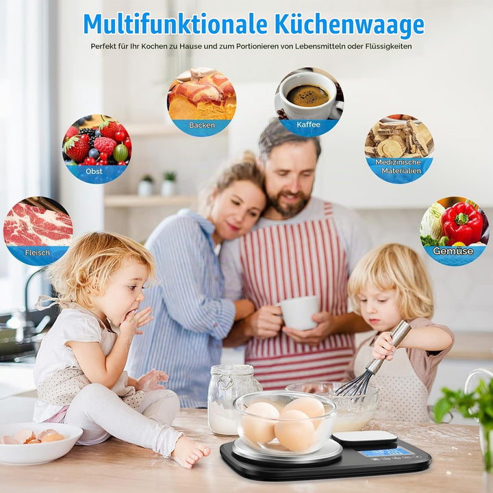 Brifit Küchenwaage mit Dualer Plattform, 10Kg /1g und 1Kg/0,1g，Digitalwaage mit 7 Einheiten, Tara Fu