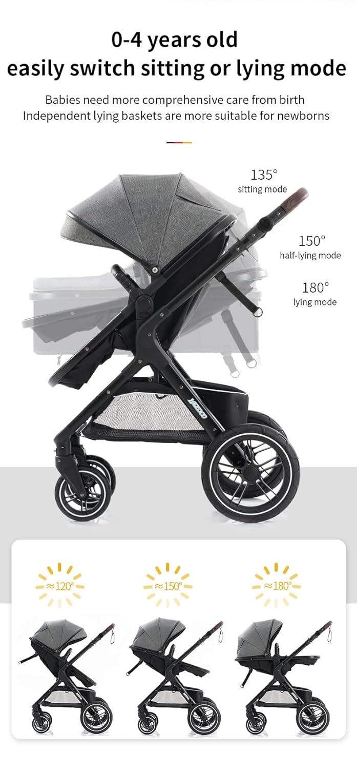 YAZOCO kinderwagen 3 in 1 Buggy Babybett Komplett Set Einem Klick Zusammenklappbarer Kinderwagen, Ko