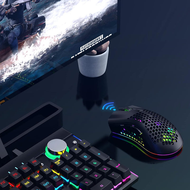 JYCSTE Kabellose leichte Gaming-Maus, ultraleichte Wabenmäuse mit RGB-Hintergrundbeleuchtung, 7 Tast