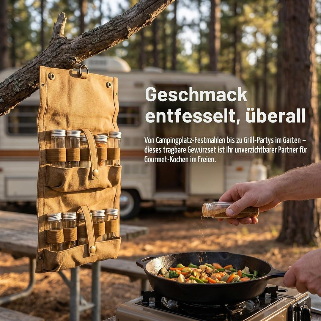 Tragbare Gewürztasche aus Segeltuch mit 10 Glasflaschen Camping Gewürzset für Outdoor BBQ, Picknick,