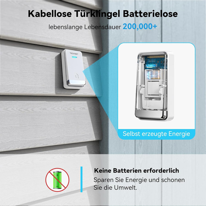 TECKNET Kabellose Türklingel Batterielose, Steckdosen-Funkklingel Wasserdicht Drahtloses Funk Türkli