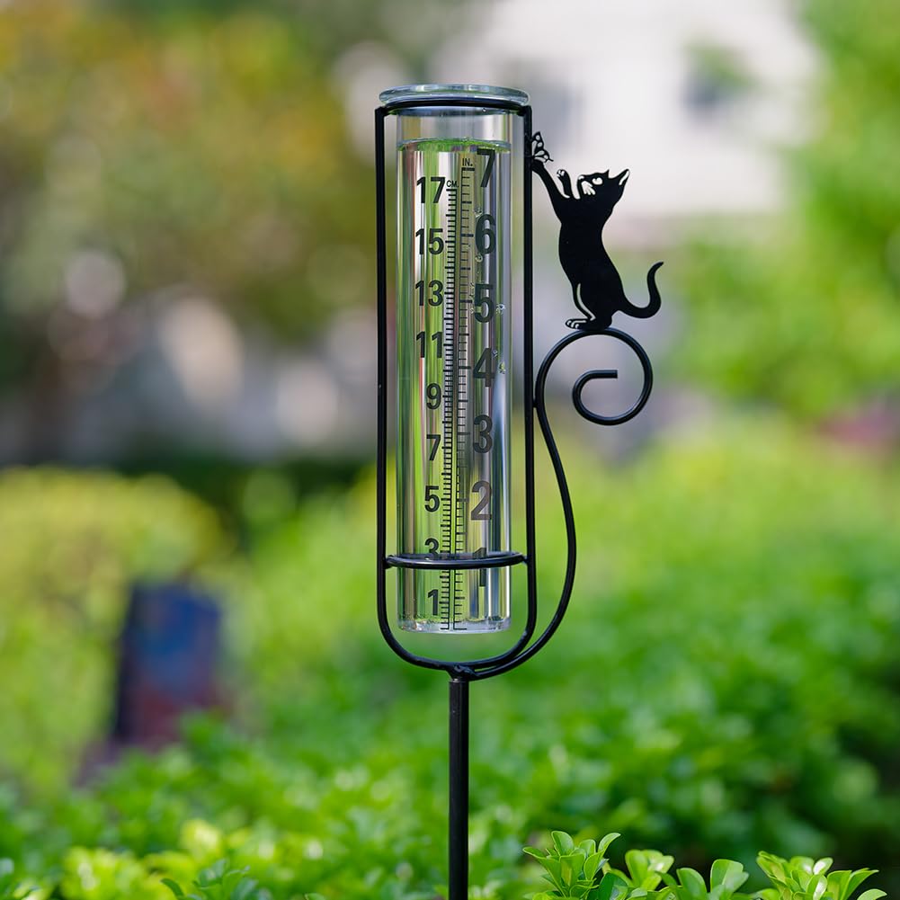 Regenmesser, Katzen-Regenmesser im Freien, Regenmessgerät mit Metallpfahl für Garten, Terrasse, Rase
