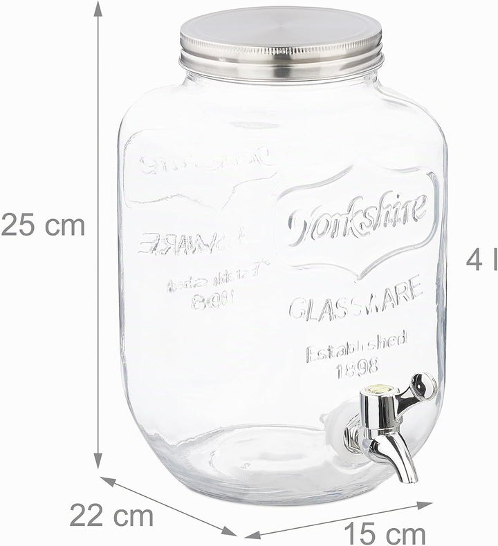 Relaxdays Getränkespender 2er Set, Limobehälter 4L, Zapfhahn und Deckel, Wasserspender, Glas &amp; Kunst