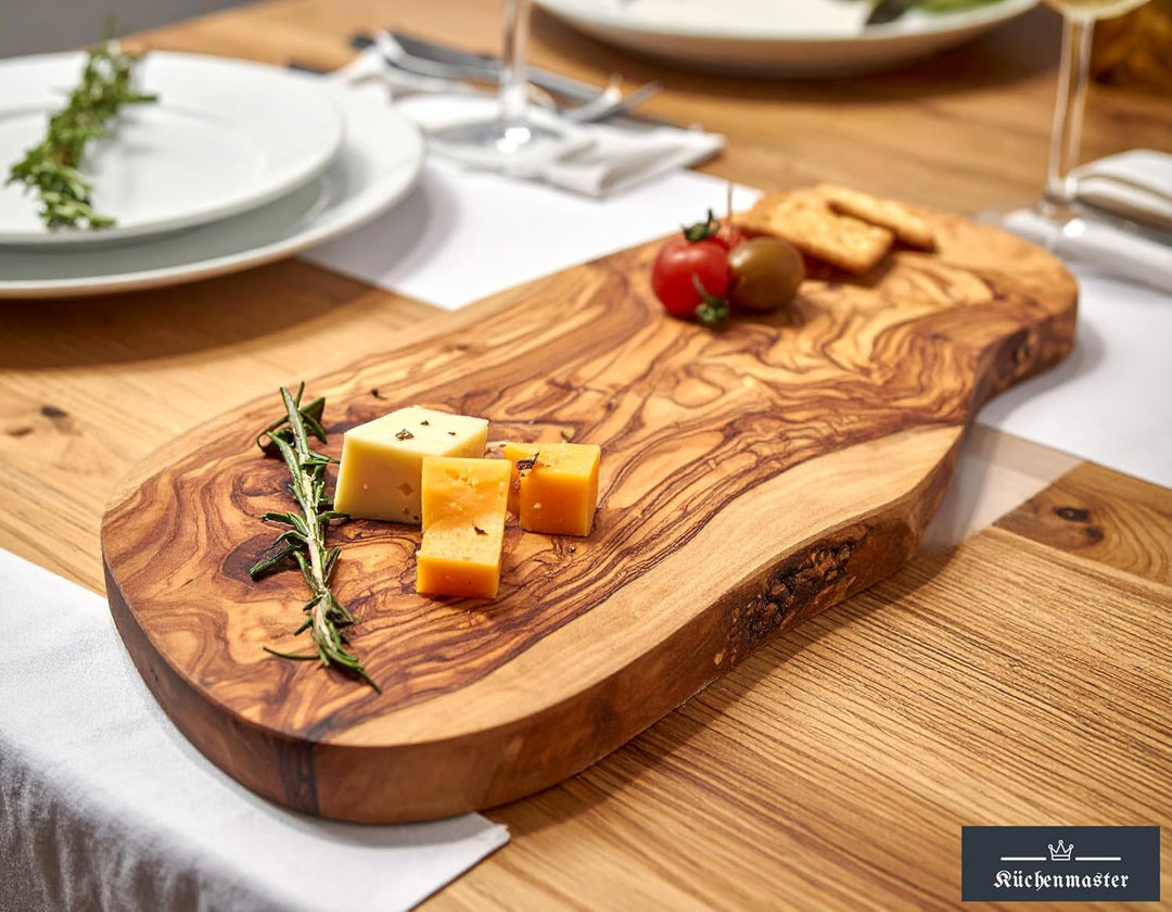 Olivenholz Schneidebrett 36 cm im Naturschnitt, Servierbrett Steakbrett Antipastibrett Vesperbrett B