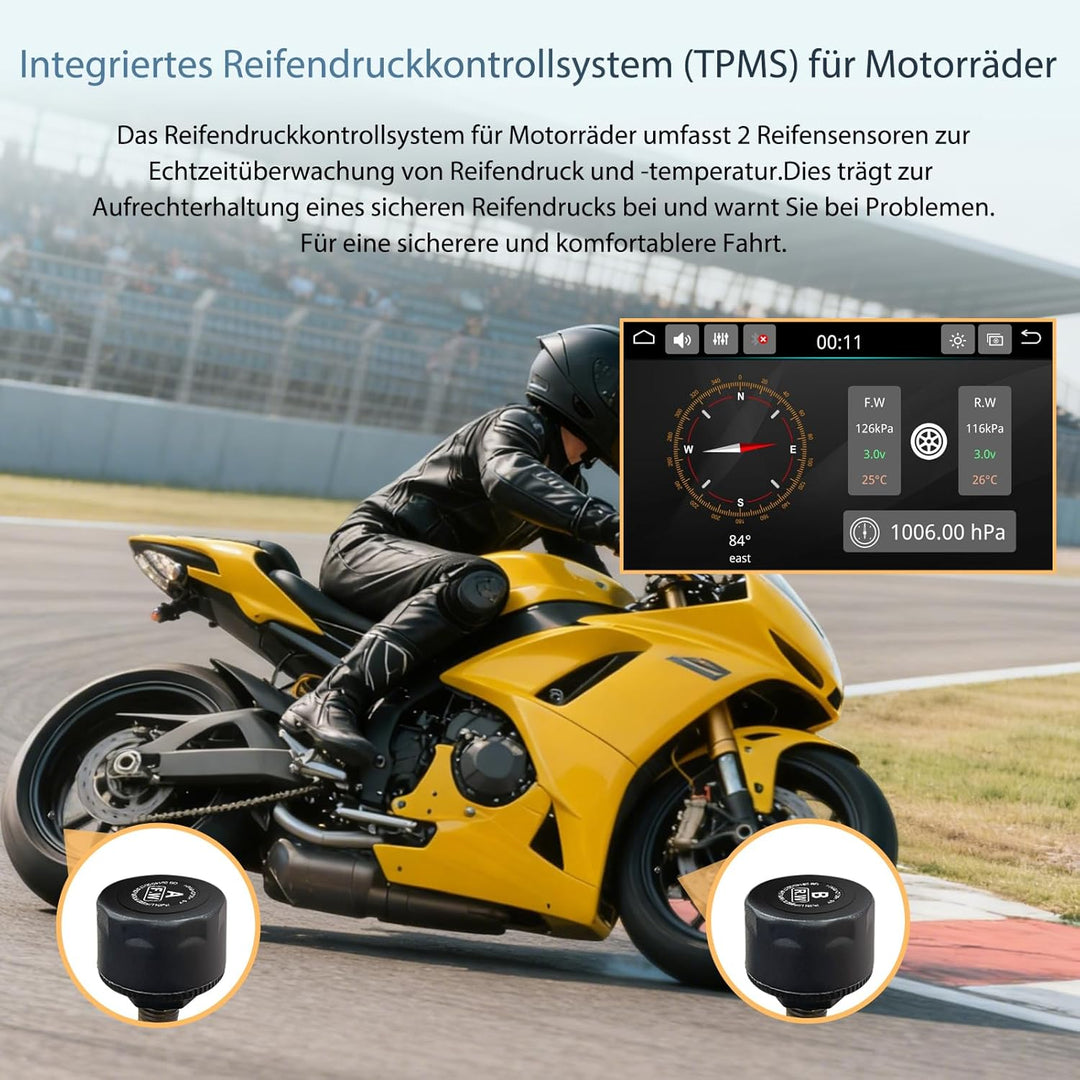 Carpuride W702T Pro Motorrad Carplay Bildschirm mit TPMS System, Kabellos CarPlay & Android Auto, Tr