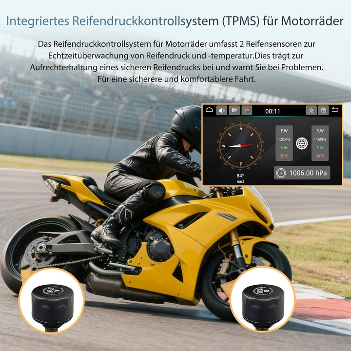 Carpuride W702T Pro Motorrad Carplay Bildschirm mit TPMS System, Kabellos CarPlay & Android Auto, Tr
