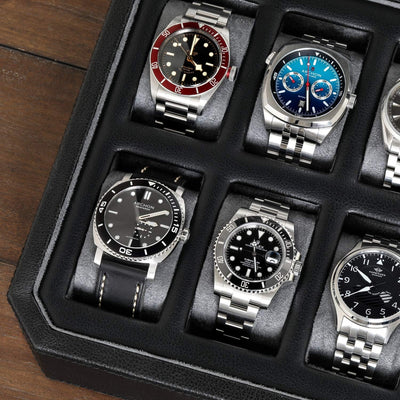ROTHWELL 12 Slot Leder Uhrenbox für Herren - Luxus Uhrenetui Display Organizer, Herren Aufbewahrungs
