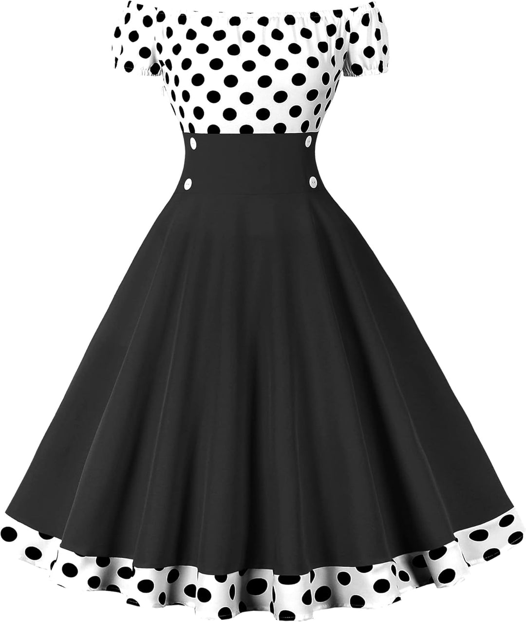 AXOE Damen Schulterfrei Kleid 50er Jahre Cocktailkleid mit Kurz Ärmel XS Schwarz/Weiss, S