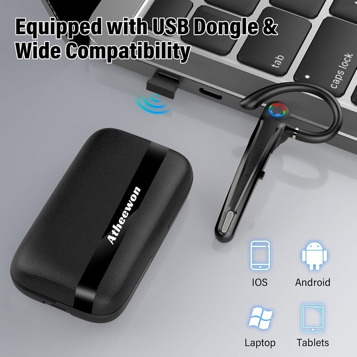 Atheewon Bluetooth Headset V5.4, Wireless Freisprech Telefon, Schwarz | CVC 8.0/ENC Dual Mic, APTX,