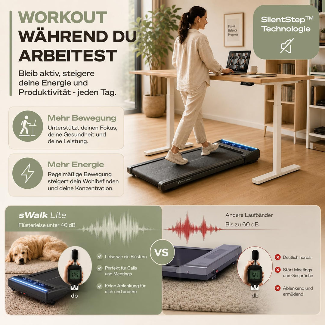 Sportstech sWalk Lite Walking Pad Laufband für Zuhause & Schreibtisch, mit Steigung 6%, bis 6 km/h,