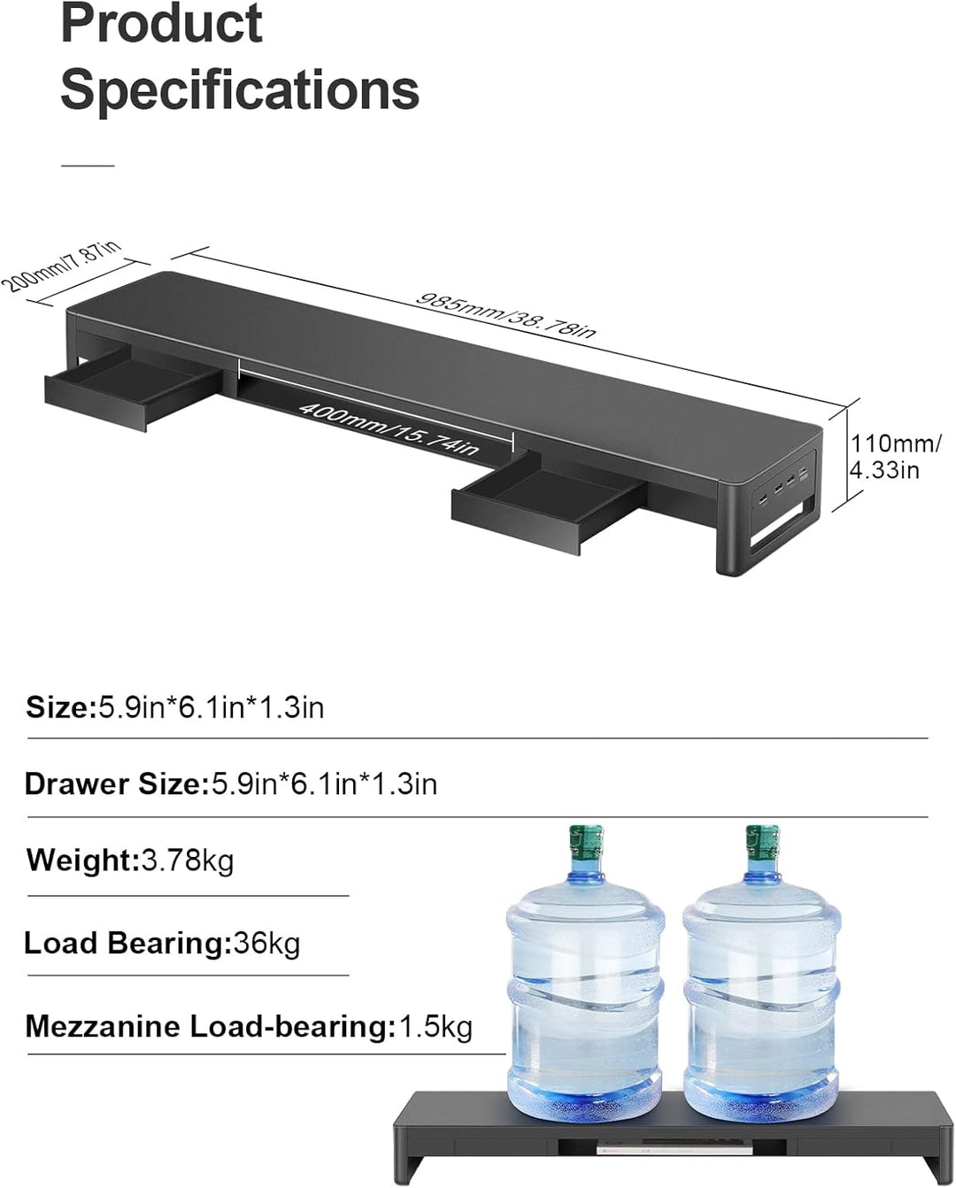 meatanty Dual-Monitorständer mit 2 Schubladen und 4 USB-Anschlüssen, Metall-Monitorständer für 2 Mon