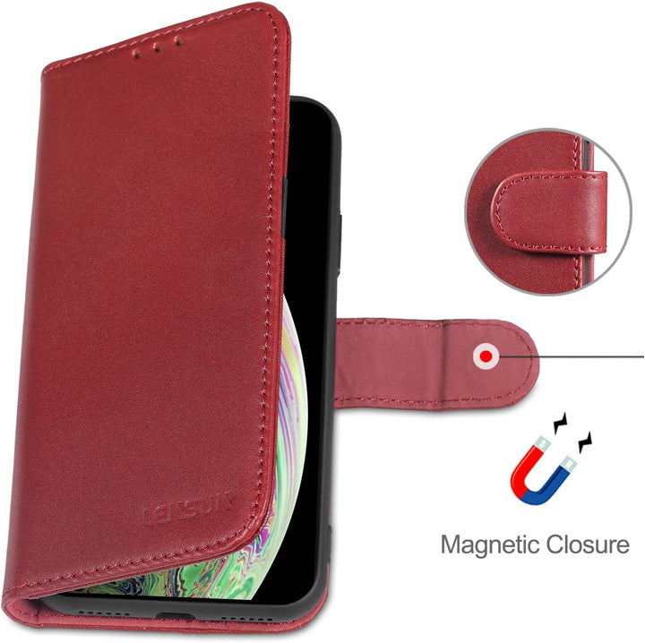 LENSUN Echtleder Hülle für iPhone XS, iPhone X Handyhülle [Echtes Leder][Magnetverschluss][RFID Schu
