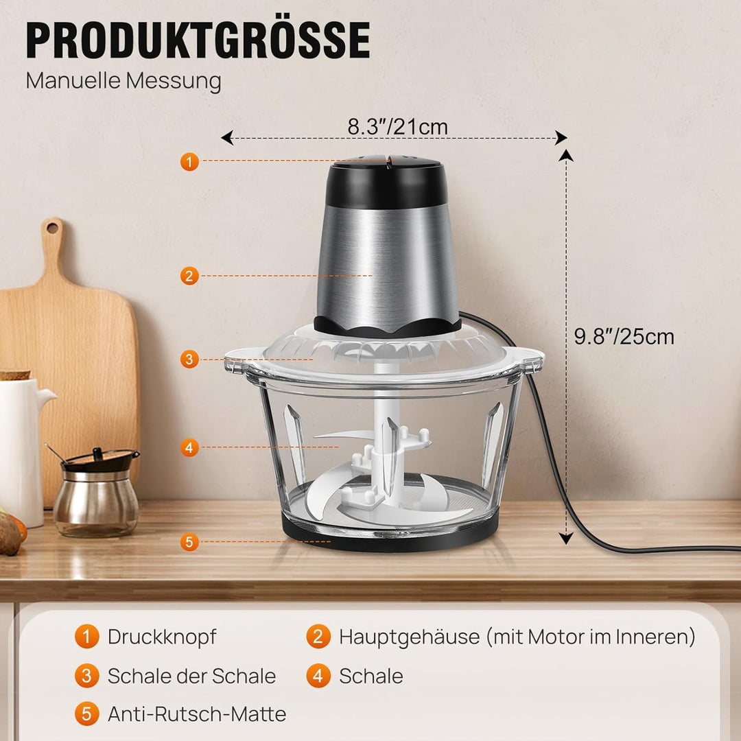 Kitchen Pro 2L Mini-Zerkleinerer mit Glasschale - Mini-Universalzerkleinerer mit Edelstahlklingen -