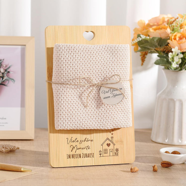 Xuniea Einweihungsgeschenk Wohnung 28 x 18 cm Holz Schneidebrett Baumwolle Küchentuch Einzugsgeschen