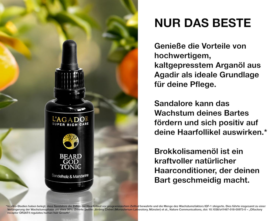 L'AGADOR Beard God Tonic | Bartpflege-Öl mit Arganöl, Sandelholz und Mandarine | Barber Shop Approve