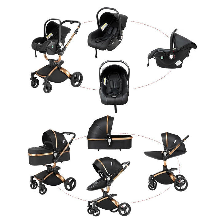 Prokoke PU-Leder Kinderwagen 3 in 1, Buggy mit Verstellbarem Sitz mit 360°-Drehung, Kinderwagen mit