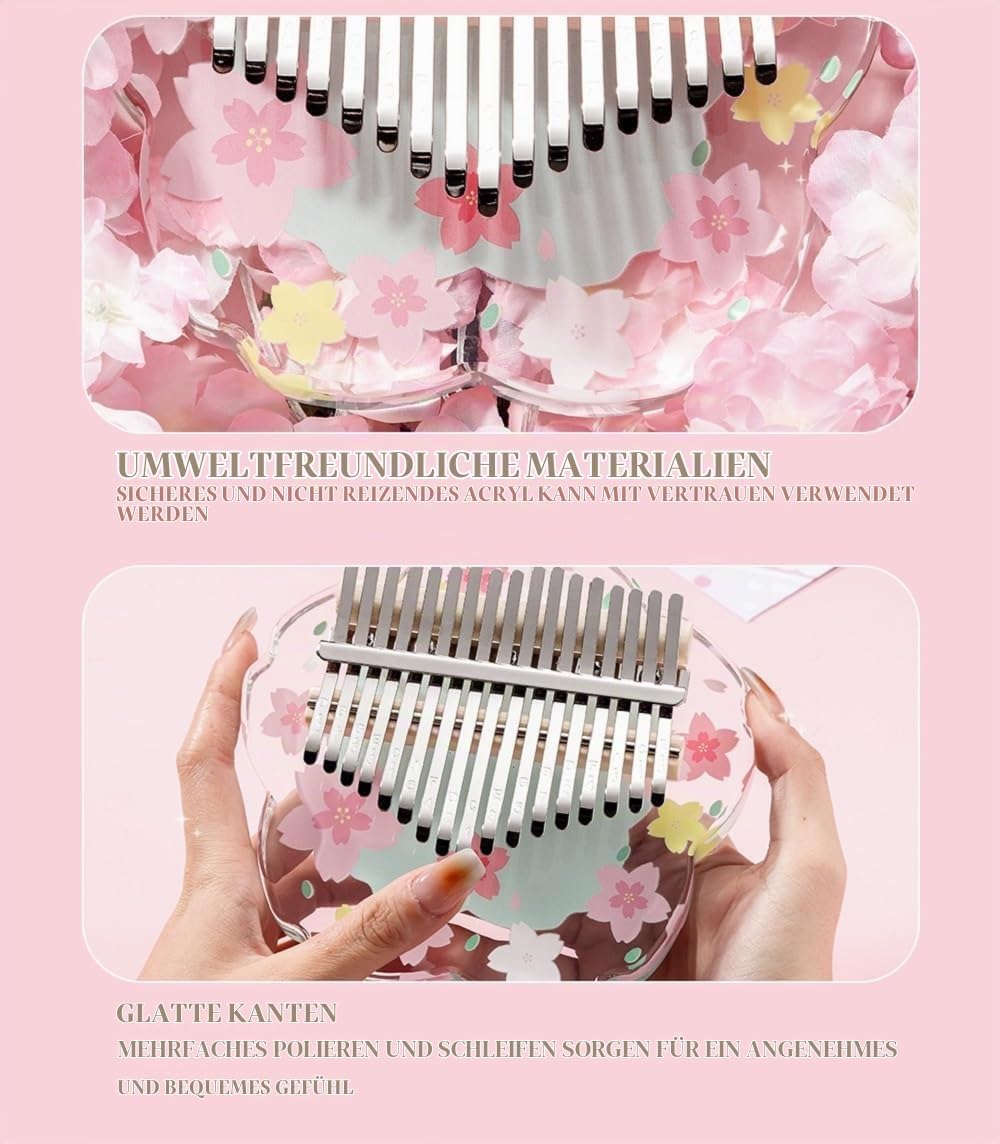Kalimba Daumenklavier 21 Töne mit Schutzcase Komplett-Set, Sakura-Form Transparentes Kristall-Kalimb
