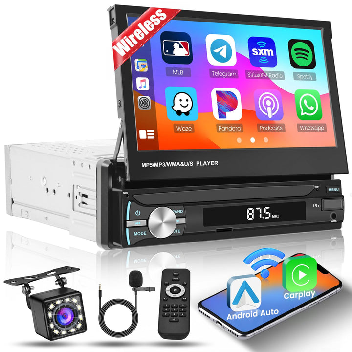 Inefala Carplay 1 DIN Wireless mit manuell einziehbarem 7-Zoll-Display, Autoradio mit Bluetooth 5.1,