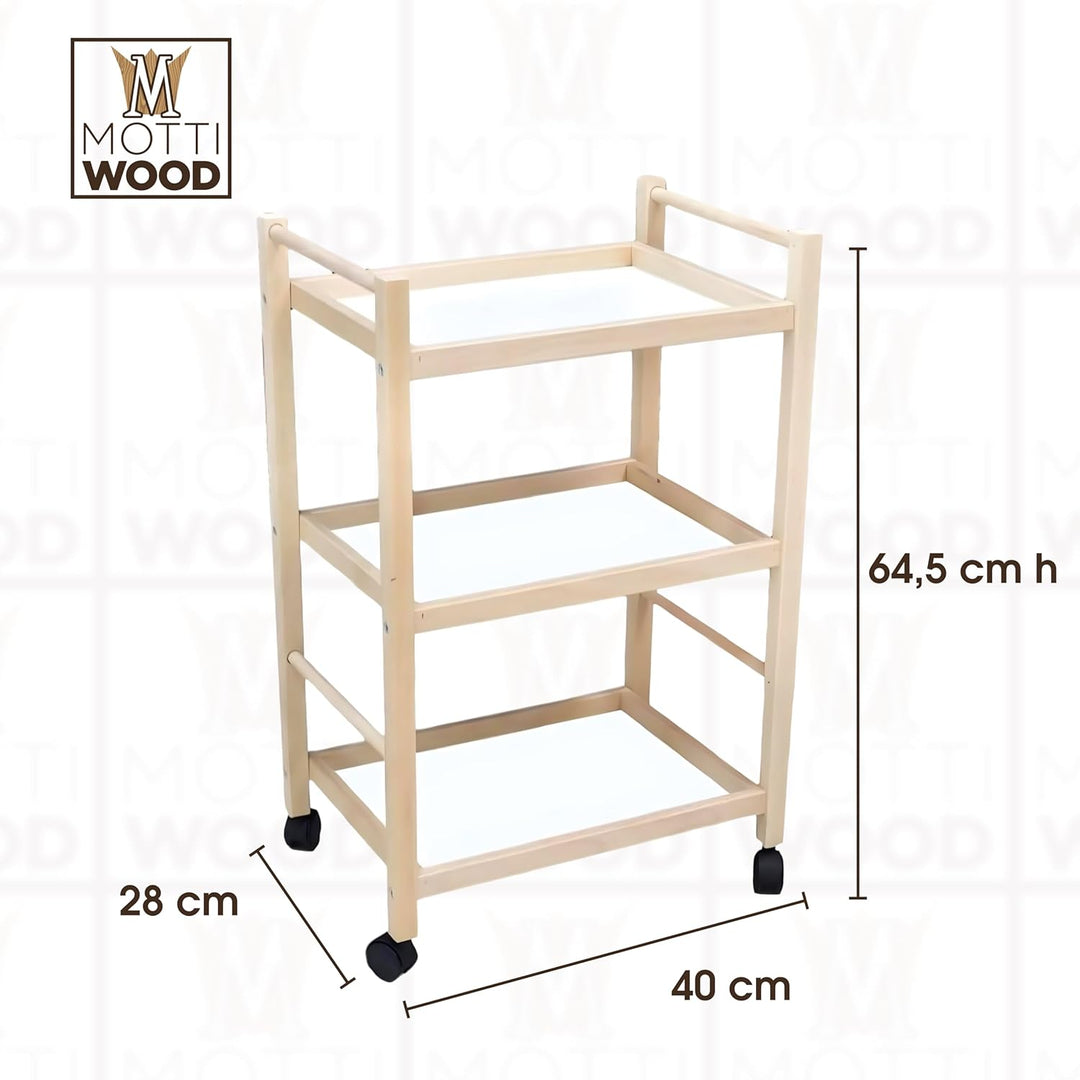 Mehrzweckwagen, 3 Ablagen, 100% Buchenholz, 28 x 40 x 64,5 cm, mit Rollen