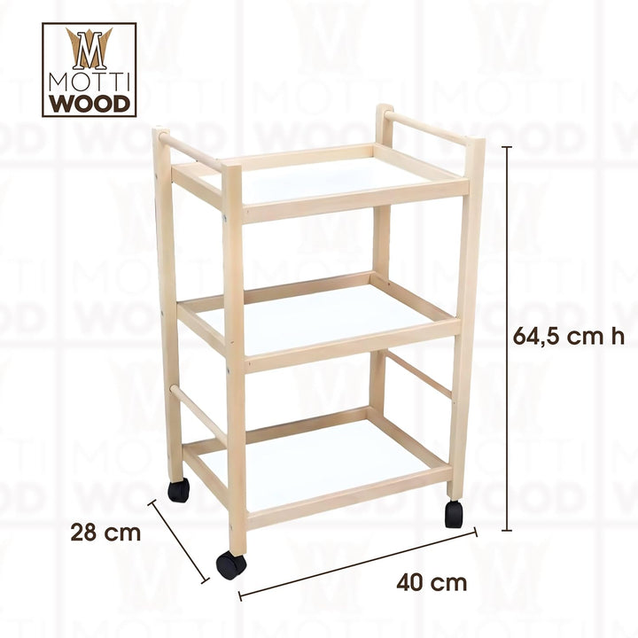 Mehrzweckwagen, 3 Ablagen, 100% Buchenholz, 28 x 40 x 64,5 cm, mit Rollen
