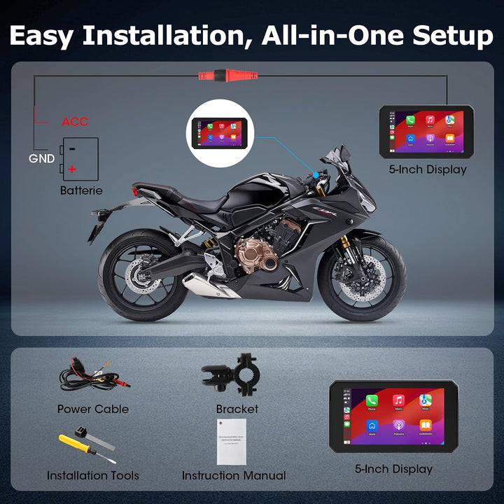 5 Zoll Motorrad Carplay Display, IP67 Ganzkörper Wasserdicht Motorrad navi Bluetooth GPS Siri/GOO-gl