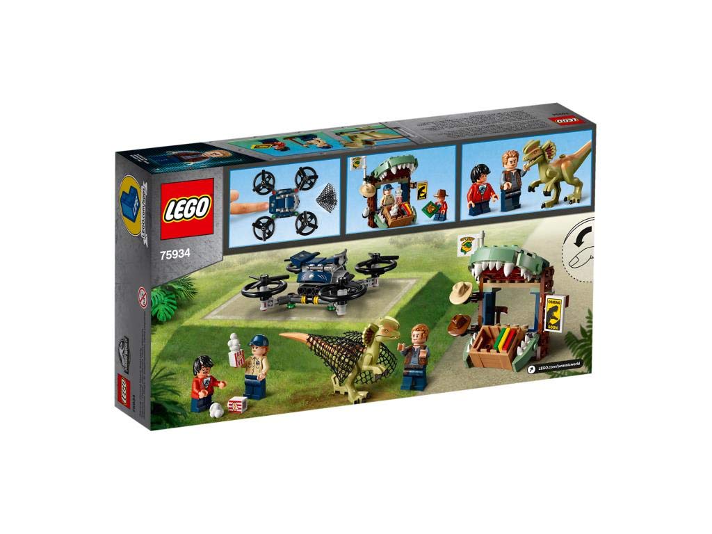 LEGO 75934 Jurassic World Dilophosaurus auf der Flucht Set mit 3 Minifiguren, Drohne und Dinosaurier