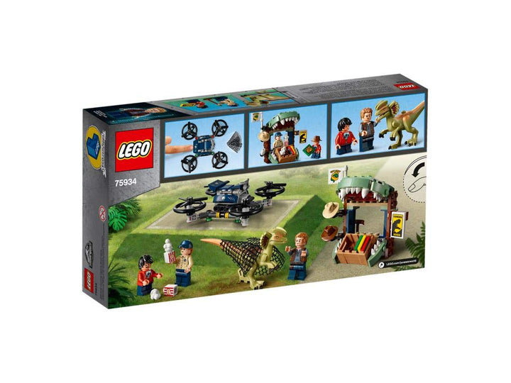LEGO 75934 Jurassic World Dilophosaurus auf der Flucht Set mit 3 Minifiguren, Drohne und Dinosaurier