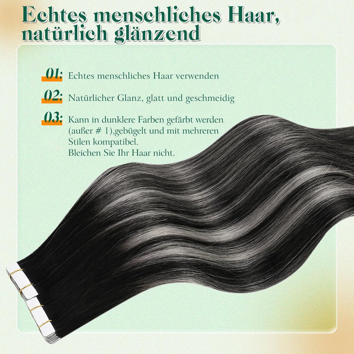 Easyouth Tape in Extensions Echthaar Balayage Schwarz Echthaar Tape in Extension Schwarz Ombre Silbe