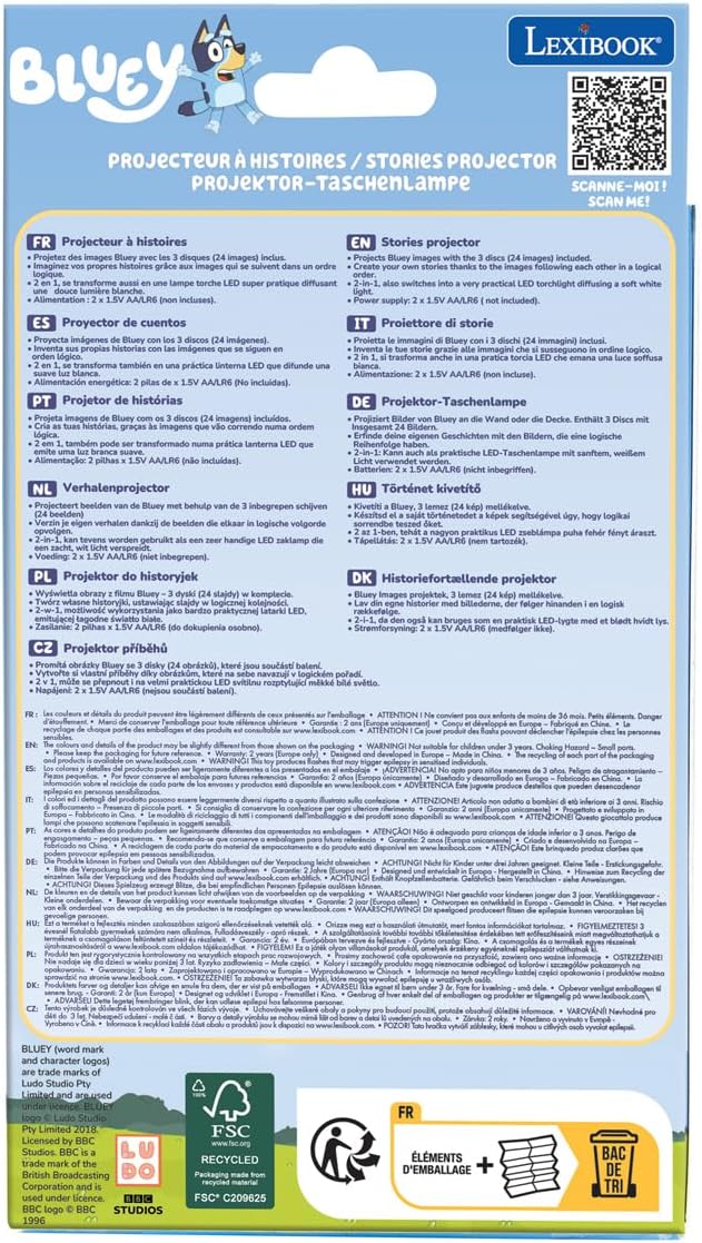 Lexibook, Bluey, Bluey Geschichtenerzähler-Projektor und Taschenlampe, Blau Gelb, LTC050BY Buey, Bue