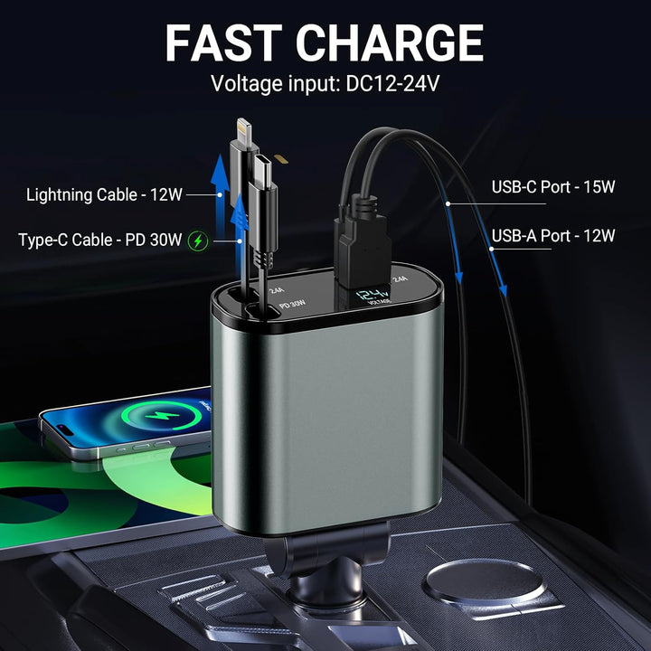 Auto Ladegerät Zigarettenanzünder USB C 4in1 56W, KFZ Ladegerät mit 2 einziehbaren Kabeln(Type C, Li