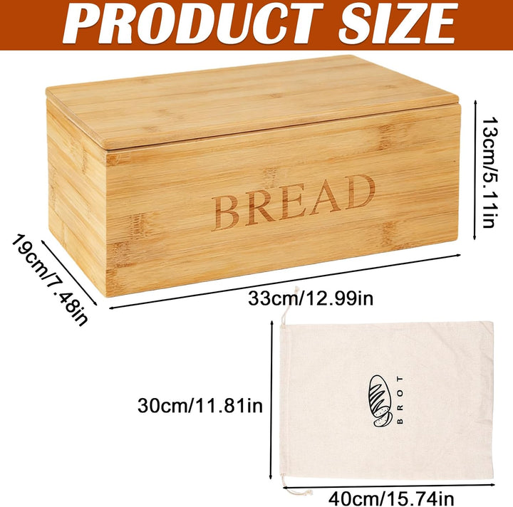 BAIFULAI Bambus Brotkasten: 33 x 19 x 13.5 cm Brotbox mit Leinenbeutel und mit Holzdeckel als Schnei