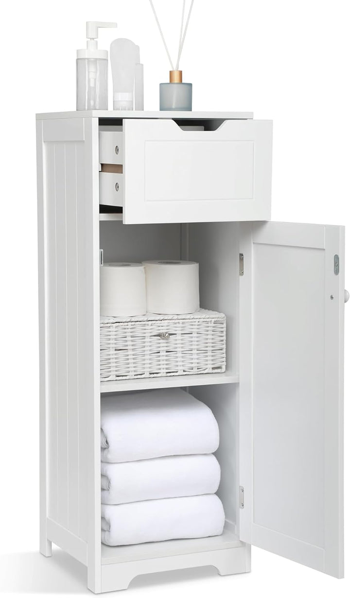Mondeer Badschrank Schmal, Badezimmerschrank mit 1 Schubladen 1 Tür 2 Regal, 32x30x87cm Weiss MDF Ho
