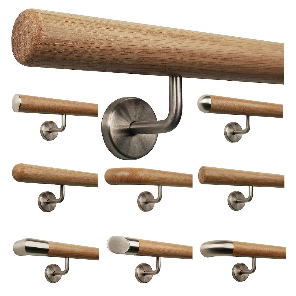 TIBU Eiche Holz Handlauf Geländer 0,3m - 6m, Länge 100 cm, Ende Radius gefräst und 2 gewinkelte Halt