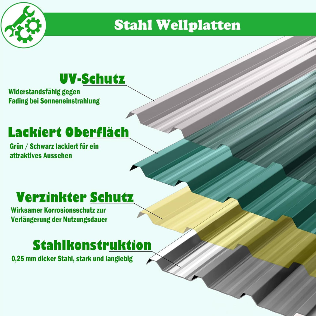 SUBTLETY 12er Wellplatten Verzinkter Stahl Trapezblech Dachblech Set mit inkl. Schrauben und Handsch