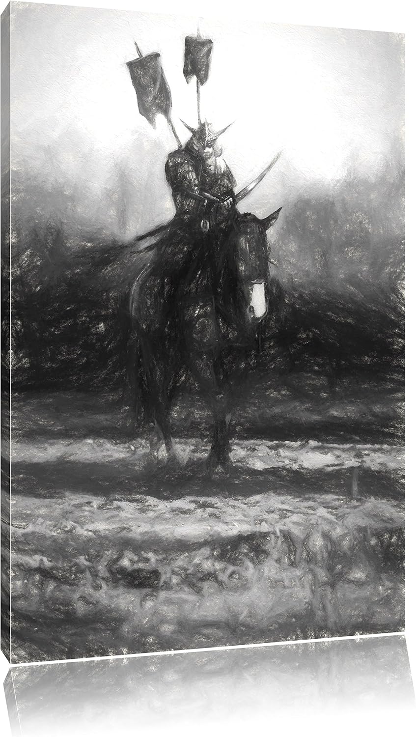 Pixxprint Samurai Krieger auf einem Pferd Kunst Kohle Effekt, Format: 100x70 auf Leinwand, 100x70